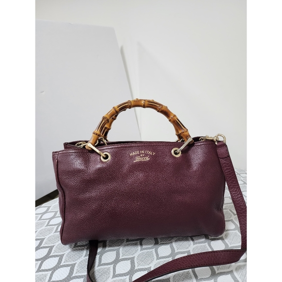 GUCCI Pebbled Leather Medium Bamboo Shopping Tote Bag Burgundy